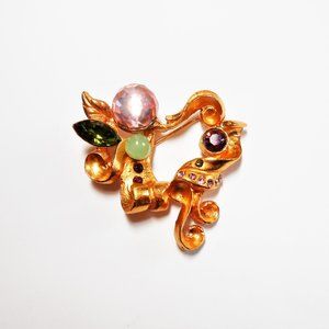 Christian Lacroix Gold Tone Art Glass Brooch